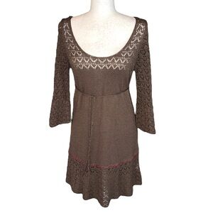 Free People Brown Bell Sleeve Crochet Knit Mini Sweater Dress - M
